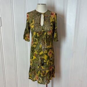 PRINCESS GOES HOLLYWOOD Leopard Jungle Print Dress Hibiscus Botanical Size 36